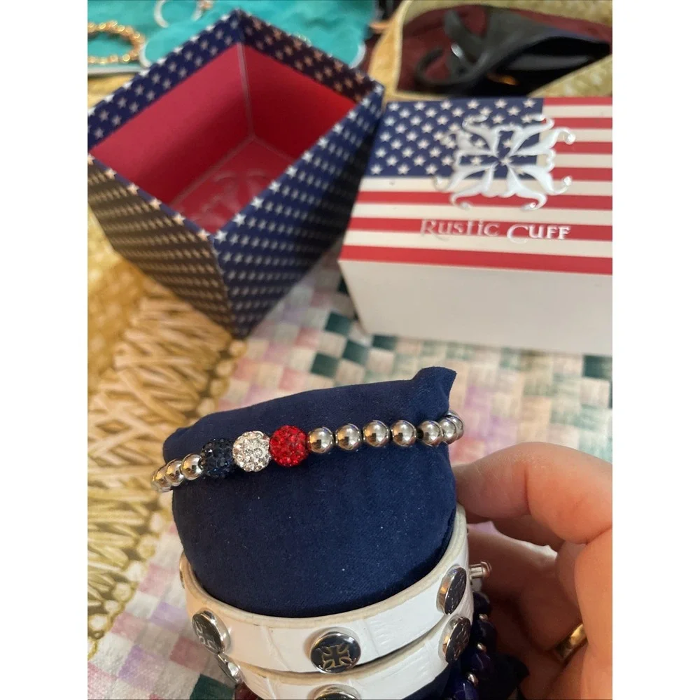 Lot Of 3 Patriotic USA Red White & Blue Rustic Cuff bracelets 1‎ Leather 2 Beads - Picture 4 of 6
